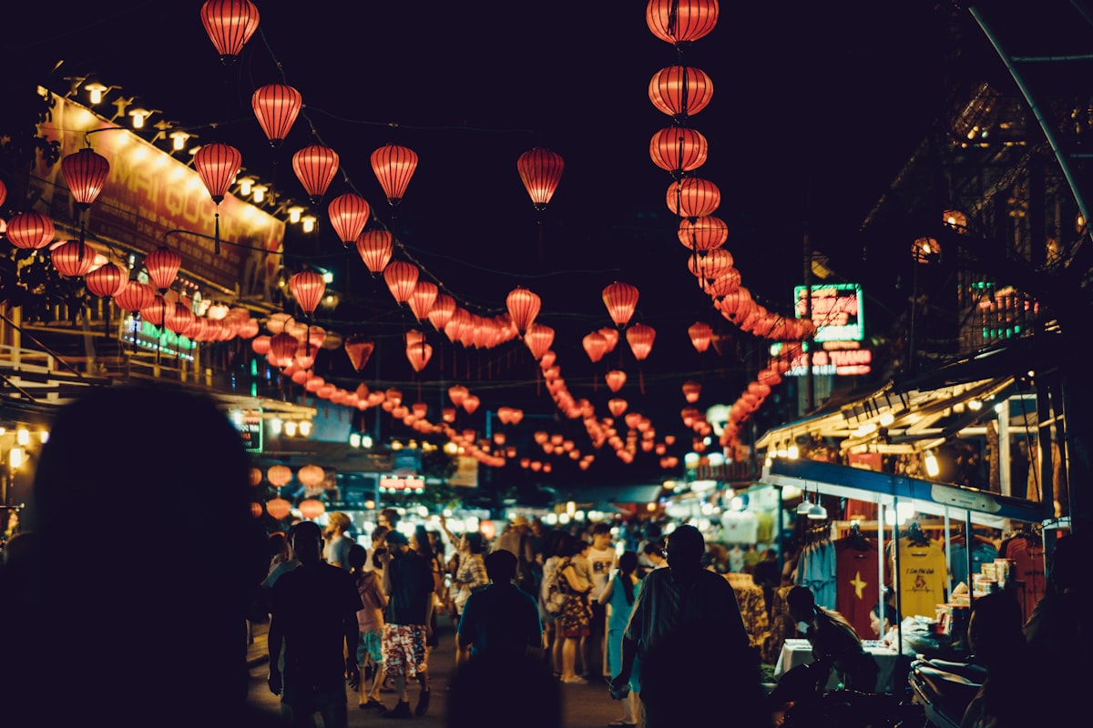 Lanterns and food stalls in the Sunset Town night market, Phú Quốc